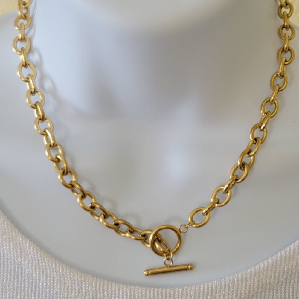 OT Buckle Cable Chain Choker Necklace Gold Tone Titanium Steel 15"  NEW - Picture 3 of 10